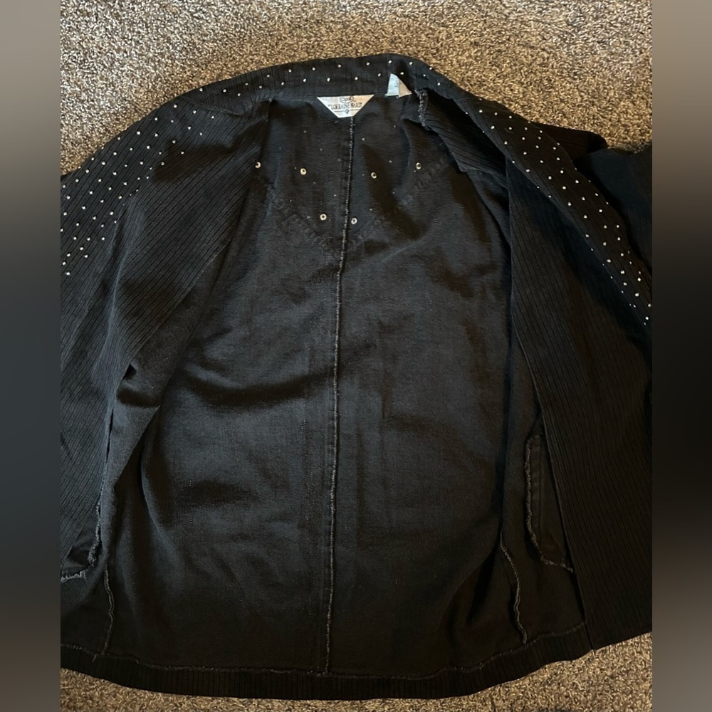 5/$25 Vintage Opal by Lorraine Wardy black pinstriped denim jacket size medium - Picture 11 of 13